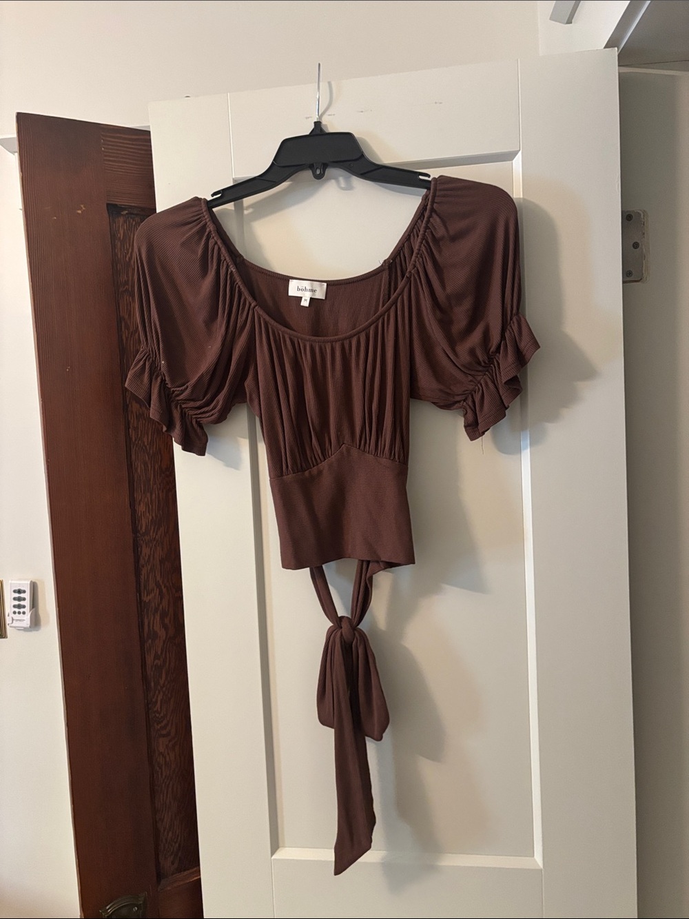 bohme Chocolate Brown Tie-Back Puff Sleeve Crop Top
